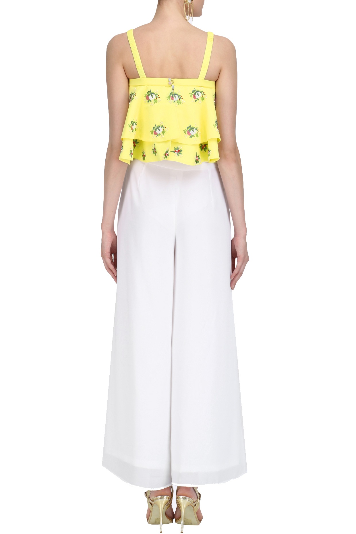 Kaneri Yellow Embroidered Spagetti Crop Top With Flared Pant